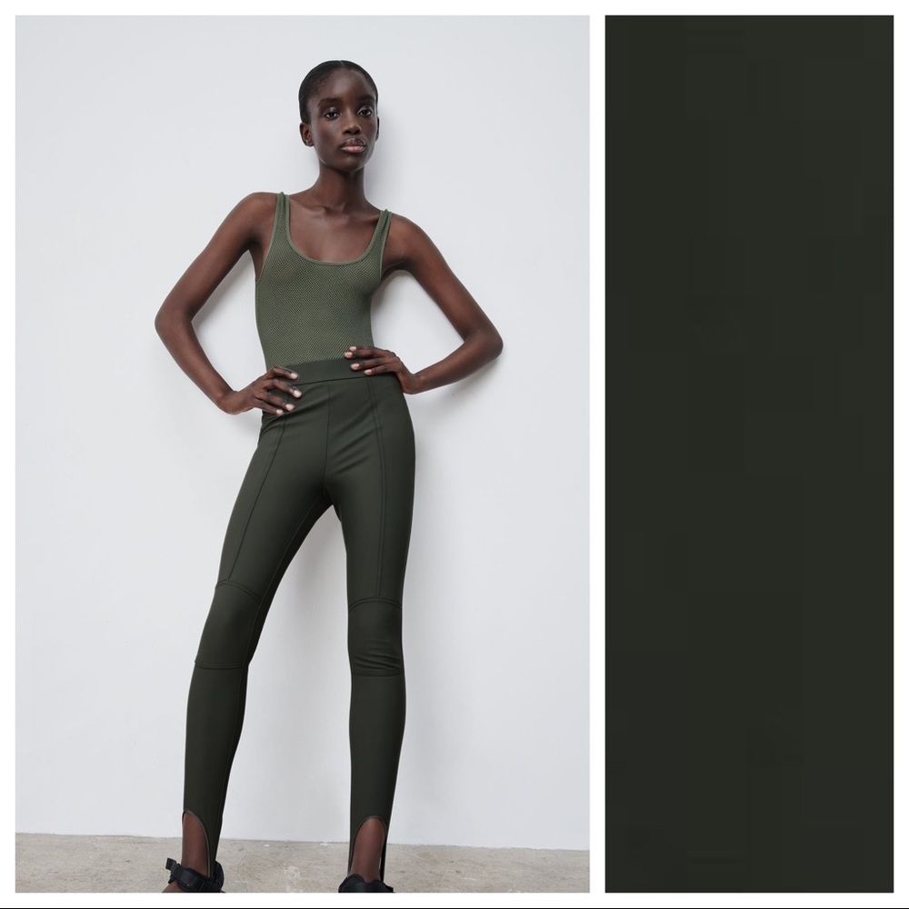 NWT. Zara Green Stirrup Leggings with Topstitching. Size XL.